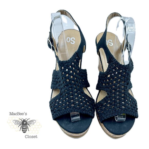 SO Taffy Wedge Heel Sandals Women's Woven Peep Toe With Cork Heel Size 8.5 Black - Picture 2 of 14